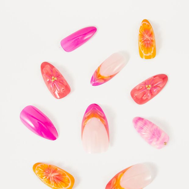 OXX Beauty 24 Pack Artificial Nails with Adhesive, Stiletto Shape - 3D Summer Pop