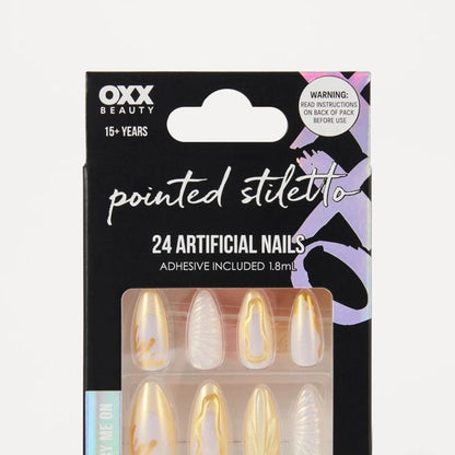 OXX Beauty 24 Pack Artificial Nails with Adhesive, Pointed Stiletto Shape - 3D