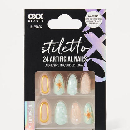 OXX Beauty 24 Pack Artificial Nails with Adhesive, Stiletto Shape - 3D Mermaid