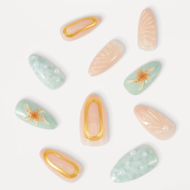 OXX Beauty 24 Pack Artificial Nails with Adhesive, Stiletto Shape - 3D Mermaid