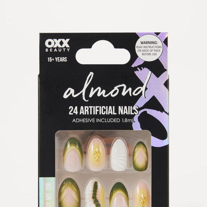 OXX Beauty Pack Artificial Nails with Adhesive - Almond Shape - Green 3D