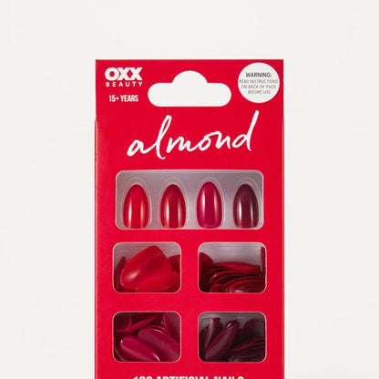 OXX Beauty 100 Pack Artificial Nails with Adhesive - Almond Shape - Red
