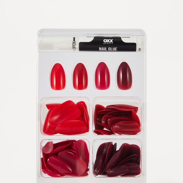 OXX Beauty 100 Pack Artificial Nails with Adhesive - Almond Shape - Red
