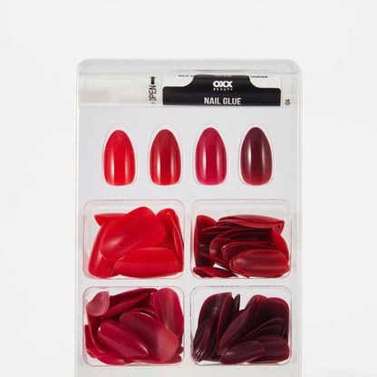 OXX Beauty 100 Pack Artificial Nails with Adhesive - Almond Shape - Red