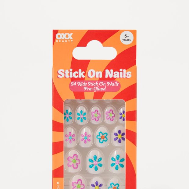 OXX Beauty 24 Pack Kids Pre-Glued Stick-On Nails, Almond Shape - Painted Flower