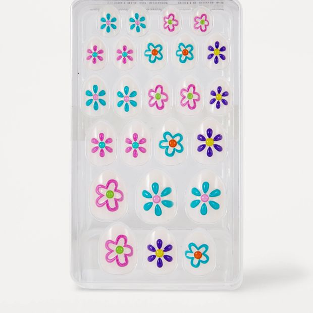 OXX Beauty 24 Pack Kids Pre-Glued Stick-On Nails, Almond Shape - Painted Flower