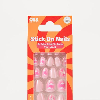 OXX Beauty 24 Pack Kids Pre-Glued Stick-On Nails, Almond Shape - Clouds and 3D Butterfly