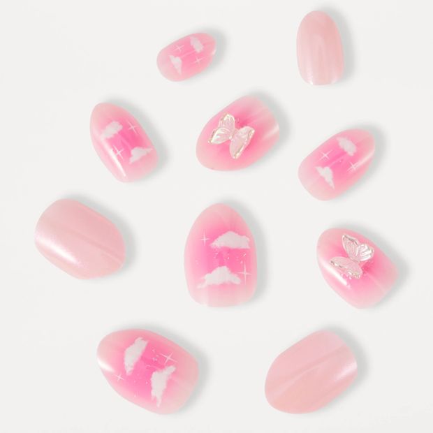 OXX Beauty 24 Pack Kids Pre-Glued Stick-On Nails, Almond Shape - Clouds and 3D Butterfly