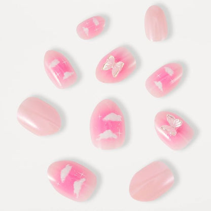 OXX Beauty 24 Pack Kids Pre-Glued Stick-On Nails, Almond Shape - Clouds and 3D Butterfly
