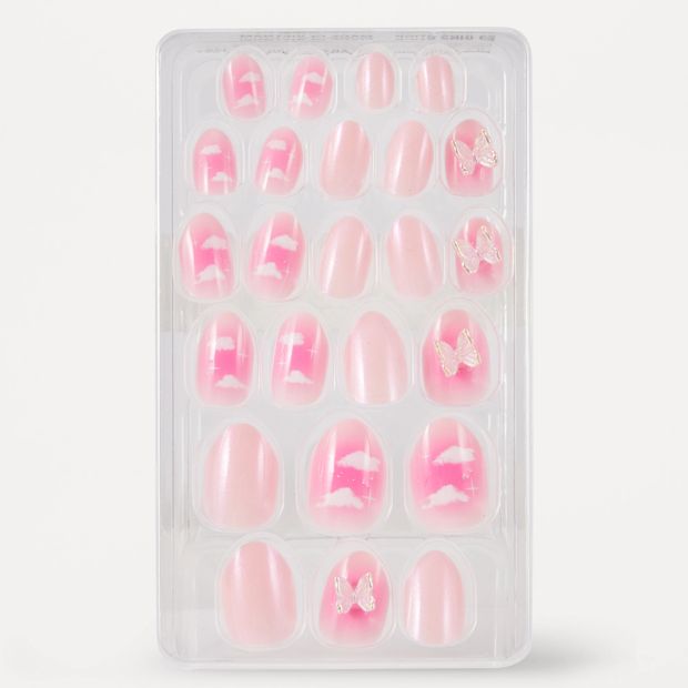 OXX Beauty 24 Pack Kids Pre-Glued Stick-On Nails, Almond Shape - Clouds and 3D Butterfly
