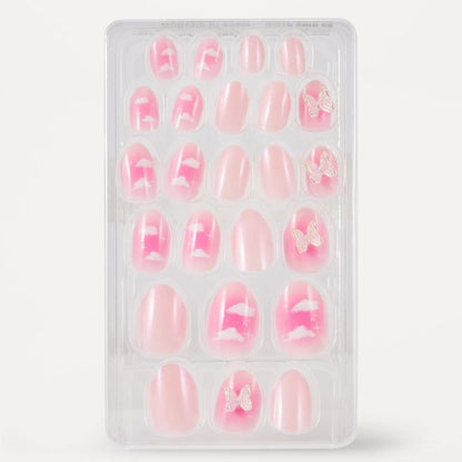 OXX Beauty 24 Pack Kids Pre-Glued Stick-On Nails, Almond Shape - Clouds and 3D Butterfly