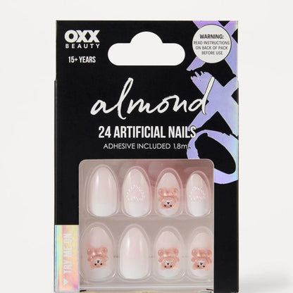 OXX Beauty 24 Pack Artificial Nails with Adhesive, Almond Shape - 3D Teddy