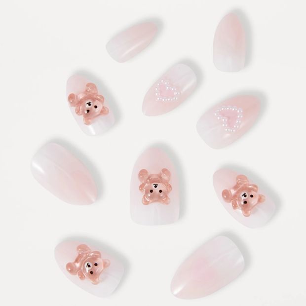 OXX Beauty 24 Pack Artificial Nails with Adhesive, Almond Shape - 3D Teddy