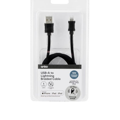 Anko USB-A to Lightning Braided Cable - 1m - Black