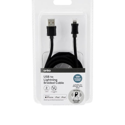 Anko USB to Lightning Braided Cable - 2m - Black