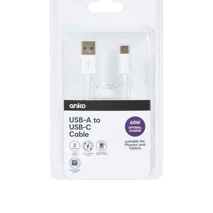 Anko 2m USB-A to USB-C 60W Braid Cable - White
