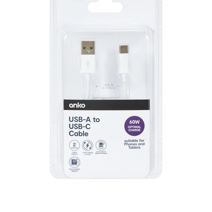 Anko 2m USB-A to USB-C 60W Braid Cable - White
