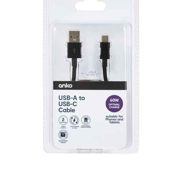 Anko 2m USB-A to USB-C 60W Braid Cable - Black