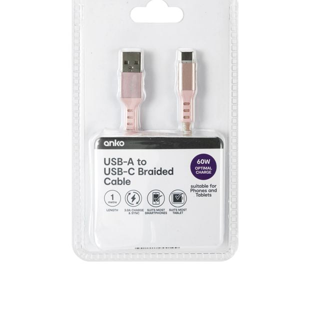 Anko USB-A to USB-C Braided Cable - 1m - Pink