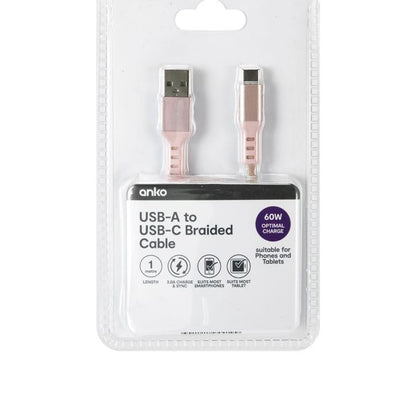 Anko USB-A to USB-C Braided Cable - 1m - Pink