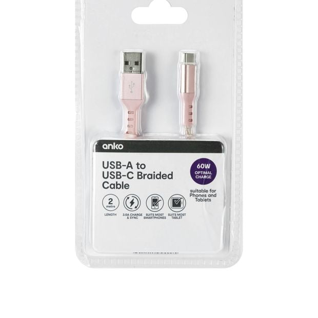 Anko USB-A to USB-C Cable - 2m - Pink