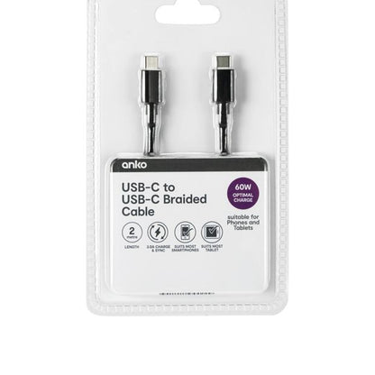 Braided USB-C to USB-C Cable, 2m, Black - Anko