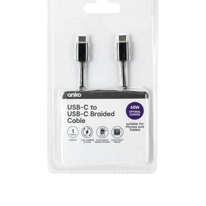Anko USB-C to USB-C Braided Cable - 1m - Black