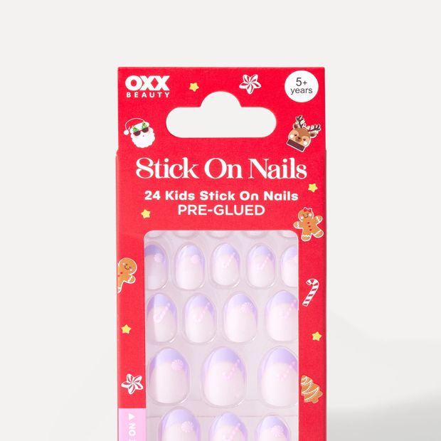 OXX Beauty 24 Pack Kids Pre-Glued Stick-On Nails - Candy Cane