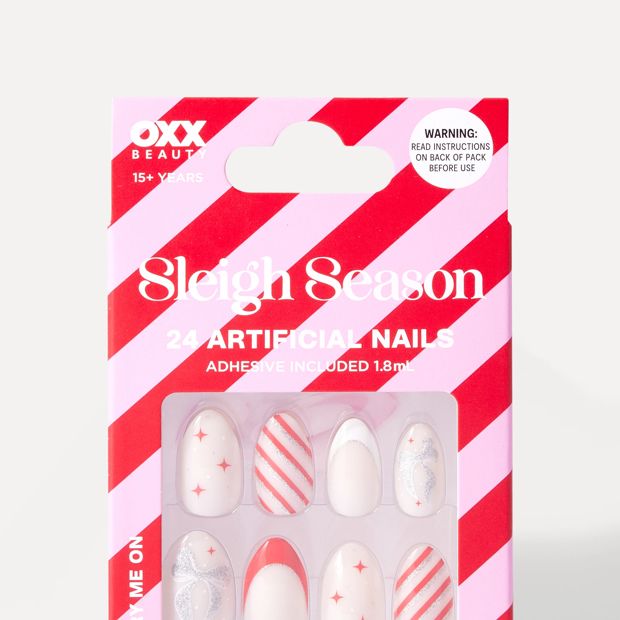 OXX Beauty 24 Pack Sleigh Season Artificial Nails with Adhesive - Almond Shape, Red and White