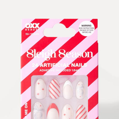 OXX Beauty 24 Pack Sleigh Season Artificial Nails with Adhesive - Almond Shape, Red and White