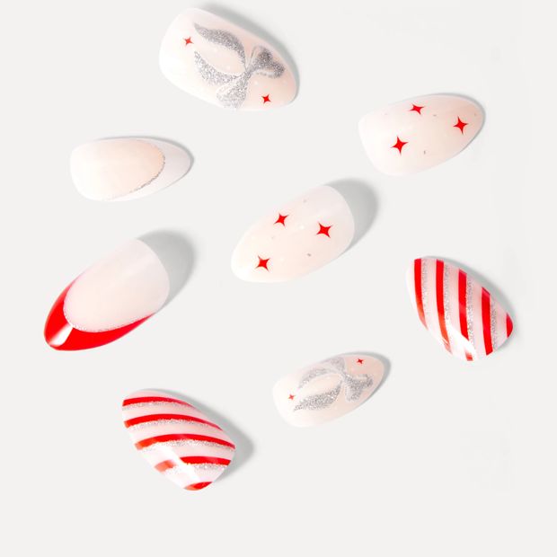 OXX Beauty 24 Pack Sleigh Season Artificial Nails with Adhesive - Almond Shape, Red and White