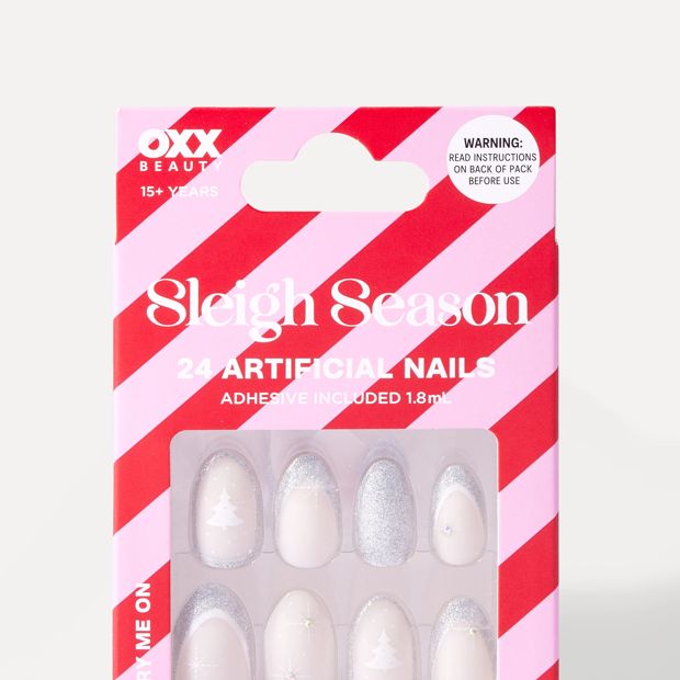 OXX Beauty 24 Pack Sleigh Season Artificial Nails with Adhesive - Almond Shape, Silver Sparkle