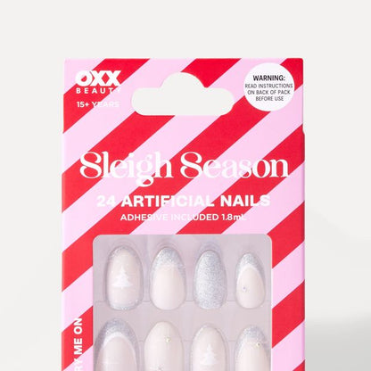 OXX Beauty 24 Pack Sleigh Season Artificial Nails with Adhesive - Almond Shape, Silver Sparkle