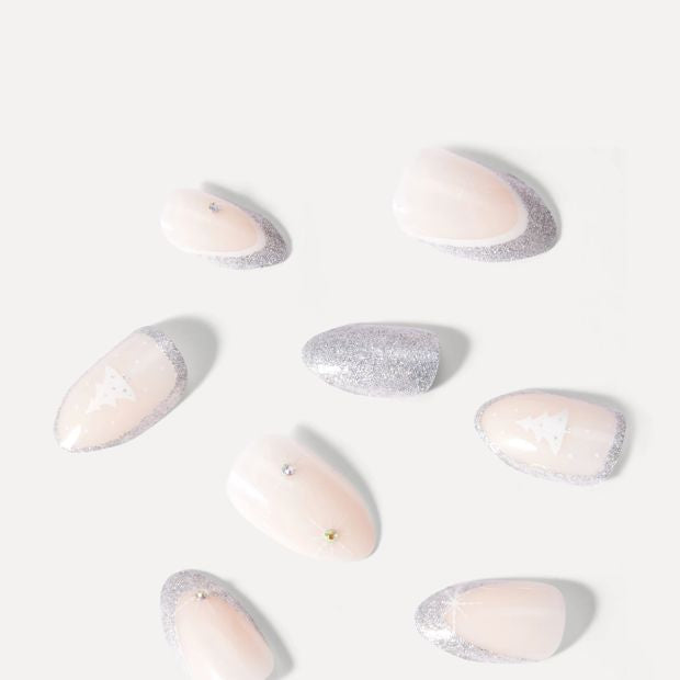 OXX Beauty 24 Pack Sleigh Season Artificial Nails with Adhesive - Almond Shape, Silver Sparkle