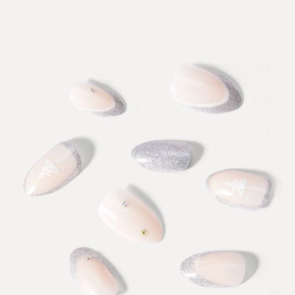 OXX Beauty 24 Pack Sleigh Season Artificial Nails with Adhesive - Almond Shape, Silver Sparkle
