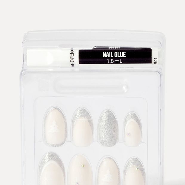 OXX Beauty 24 Pack Sleigh Season Artificial Nails with Adhesive - Almond Shape, Silver Sparkle