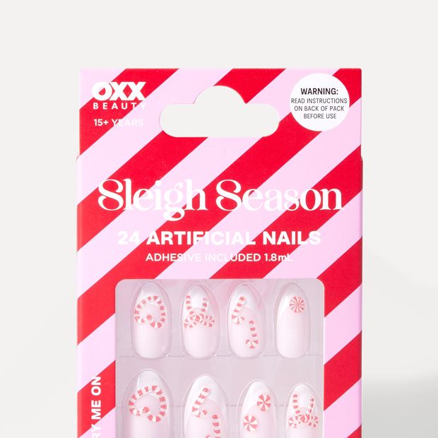 OXX Beauty Sleigh Season 24 Pack Artificial Nails - Almond Shape, French Tip and Candy Cane