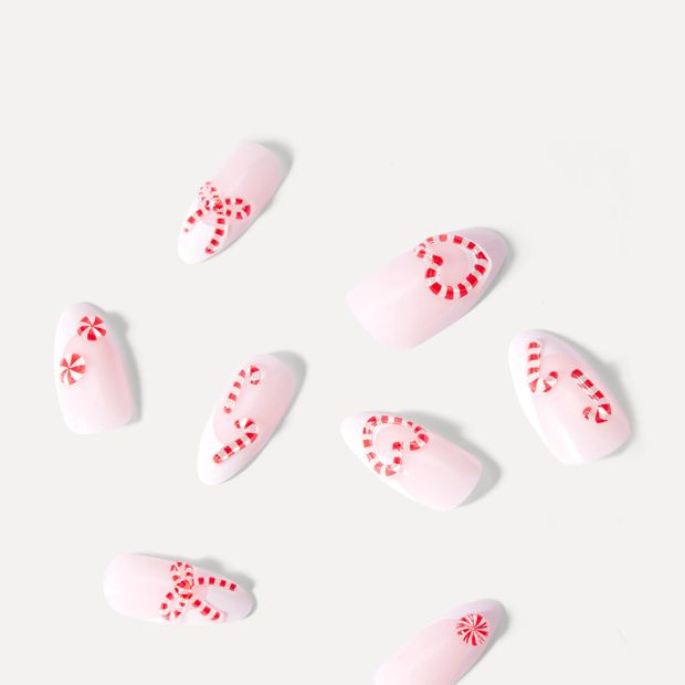 OXX Beauty Sleigh Season 24 Pack Artificial Nails - Almond Shape, French Tip and Candy Cane