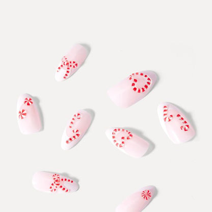OXX Beauty Sleigh Season 24 Pack Artificial Nails - Almond Shape, French Tip and Candy Cane