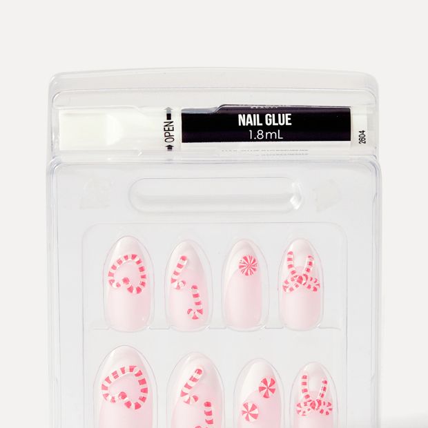 OXX Beauty Sleigh Season 24 Pack Artificial Nails - Almond Shape, French Tip and Candy Cane