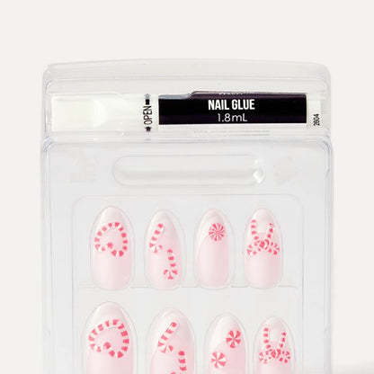 OXX Beauty Sleigh Season 24 Pack Artificial Nails - Almond Shape, French Tip and Candy Cane