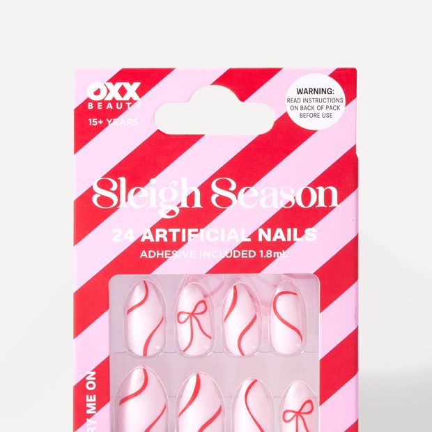 OXX Beauty Sleigh Season 24 Pack Artificial Nails - Almond Shape, Red Bow