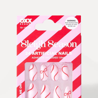 OXX Beauty Sleigh Season 24 Pack Artificial Nails - Almond Shape, Red Bow
