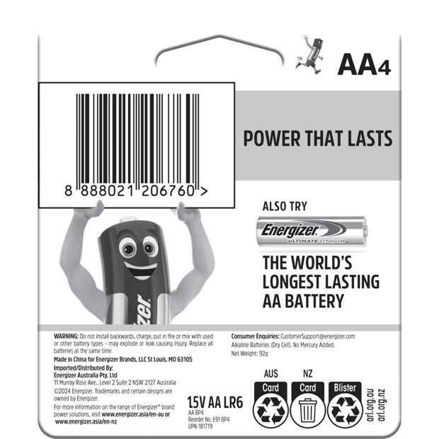 4 Pack Energizer Power AA Alkaline Batteries