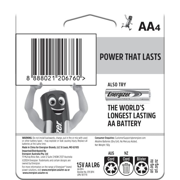 4 Pack Energizer Power AA Alkaline Batteries