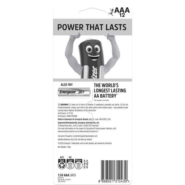 12 Pack Energizer Power AAA Alkaline Batteries Value Pack