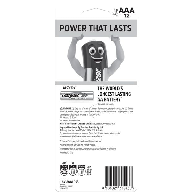 12 Pack Energizer Power AAA Alkaline Batteries Value Pack