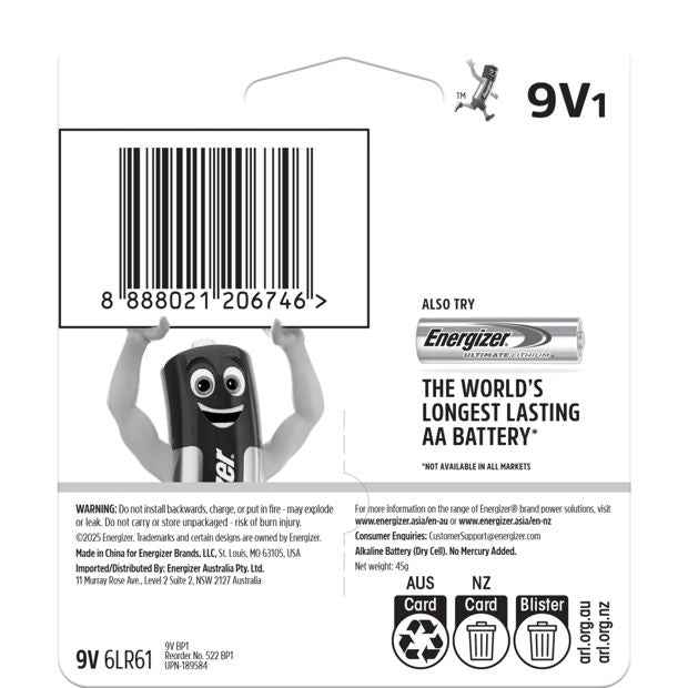 Energizer 9V Alkaline Power Battery