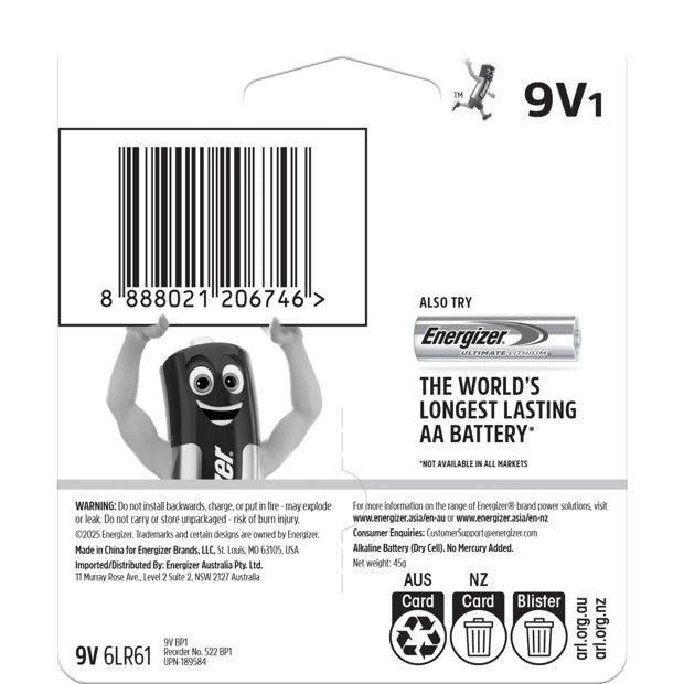 Energizer 9V Alkaline Power Battery