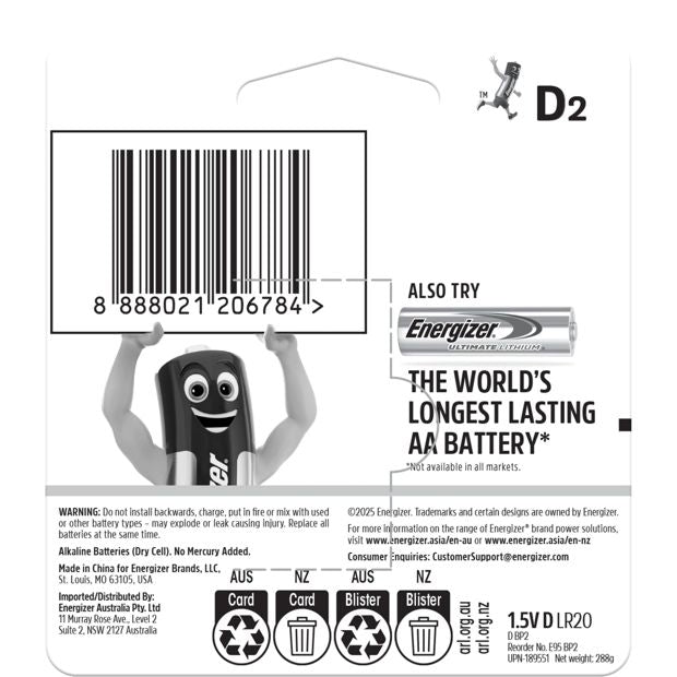 2 Pack Energizer Alkaline Power D Batteries